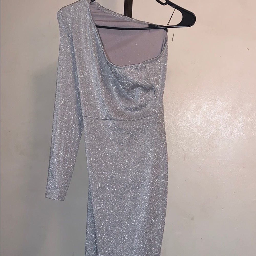 One shoulder mini silver sparkly dress